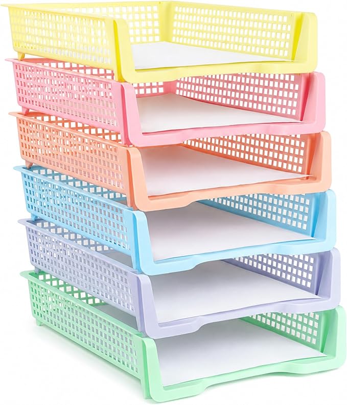 Set of 6 Pastel Turn in Trays for Teachers Stackable Classroom Paper Letter by CHUNNIN