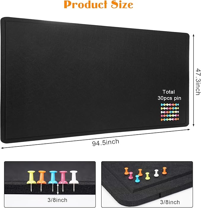 Extra Large Bulletin Board, 96 X 48 inches Cork Board with 30 Pushpin, 8' x 4' Felt Cork Board Notice Pin Board, Self-Adhesive Vision Board Mood Board Foldable Photo Board for Wall - Black-DeskLoop Office