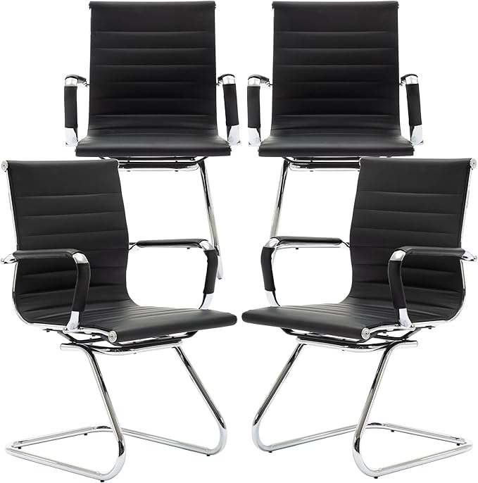 Black Office Desk Chair No Wheels Set of 4 PU Leather Computer Chairs Mid Back Guest Chairs for School Reception Conference Waiting Room, Black-DeskLoop Office