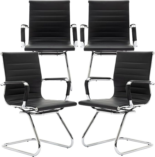 Black Office Desk Chair No Wheels Set of 4 PU Leather Computer Chairs Mid Back Guest Chairs for School Reception Conference Waiting Room, Black-DeskLoop Office