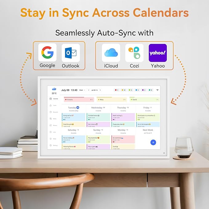 15.6'' Digital Calendar Chore Chart, Wall Touchscreen Smart Electronic Calendar for Interactive Family Schedules, Meal Planner, to Do List, Achievement Rewards Two-Way Sync w/Stand Wall Mount