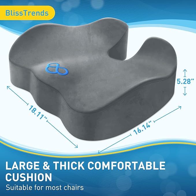 BlissTrends Seat Cushion,5.2in Thick Memory Foam Cushions for Office Chair, Car Seat, Airplane, Relieving Pressure Tailbone Sciatica Back Pain for Long Sitting Office Workers, Car Drivers LightGrey-DeskLoop Office