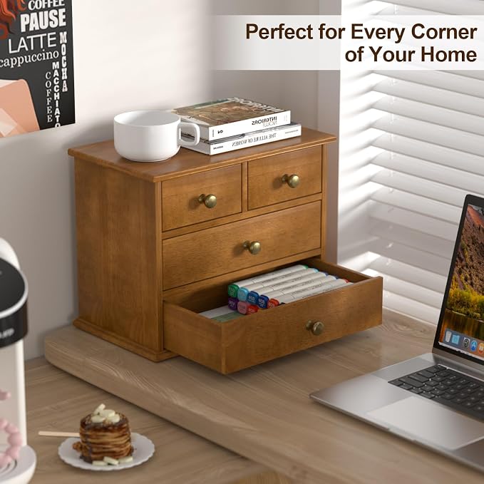 Oak Desk Organizer with Drawers, Durable Wooden Desktop Storage Box with Metal - Image 4