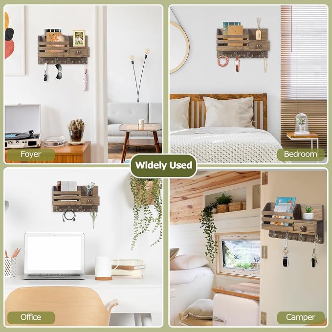 Key Holder Wall Mount, Wooden Adhesive Mail and Key Organizer - Image 6