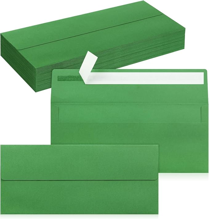 50 Pack #10 Business Envelopes, Self Seal Standard Green Envelopes by QIKSION