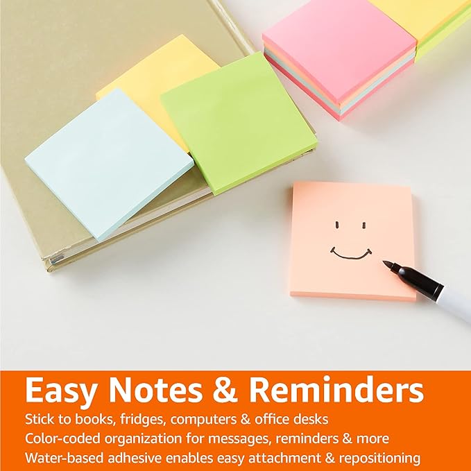 Amazon Basics Sticky Notes, 3x3 Inches, Assorted Colors Self-Stick Pads, Easy to Post for Home, Office, Notebook, 70 sheets/Pad, Pack of 12-DeskLoop Office
