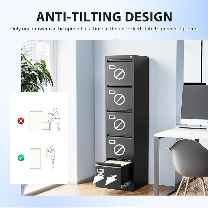 5 Drawer File Cabinet, Filing Cabinets for Home Office, Vertical File Cabinet with Lock, 61.6" H Locking File Cabinet for A4 Legal/Letter, Assembly Required (Black)-DeskLoop Office