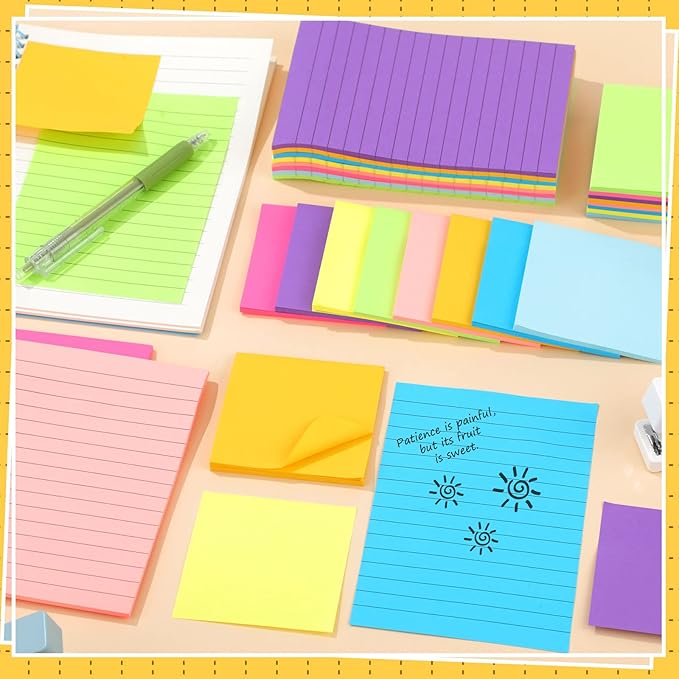 Yexiya 64 Pcs Lined Sticky Notes Self Stick Notes with Lines Bright Assorted Colors Sticky Pad for Home Office Products Post Memos, 1920 Sheets(4 x 6 Inch, 3 x 3 Inch,Stylish Color)-DeskLoop Office