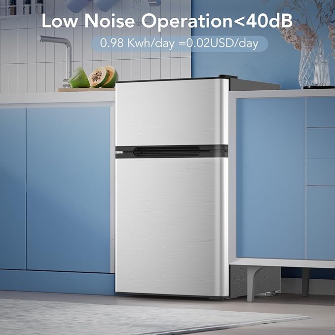 3.1 Cu.Ft Mini Fridge with Freezer, 2 Door Compact Refrigerator, Mini Fridge with Adjustable Removable Glass Shelves for Bedroom, Office, Dorm or Apartment, Stainless Steel-DeskLoop Office