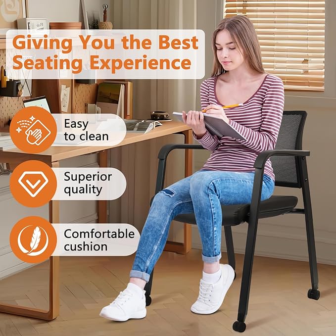 CLATINA Stacking Office Chair with Wheels, Mesh Back Waiting Room Guest Chairs with Arms Comfortable Leather Cushion Stackable Desk Chair for Conference Reception School Side Stationary, Black, 4PK-DeskLoop Office