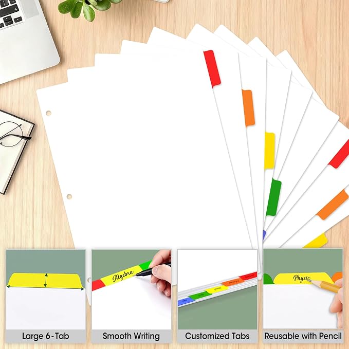 120 Pcs Binder Dividers with Multicolor Tabs, 1/6 Cut Tabs, Dividers - Image 4