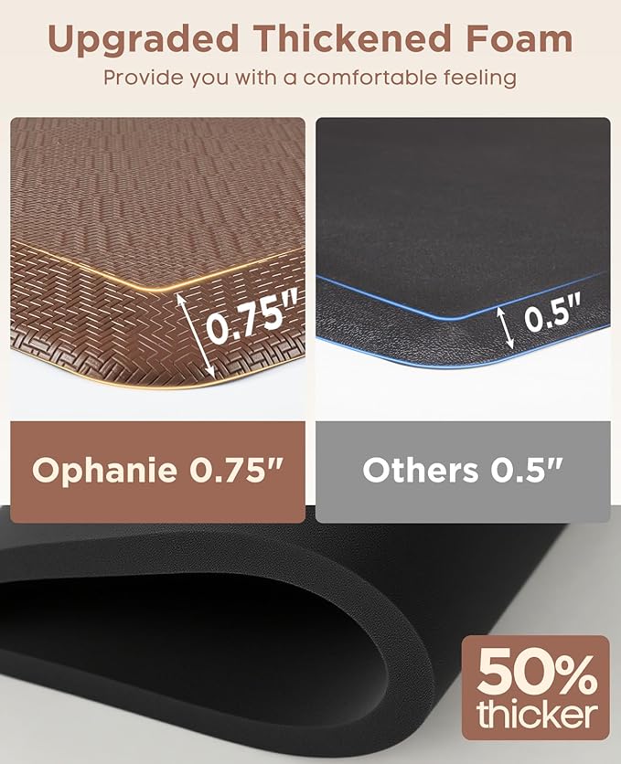 Ophanie Kitchen Mats for Floor, 3/4 Inch Thick Kitchen Rugs, Anti Fatigue Standing Cushioned Mat, Waterproof,Comfort Ergonomic Mat for Office, Home, Sink, 24'' x 70'' Brown Non-Slip Bottom-DeskLoop Office