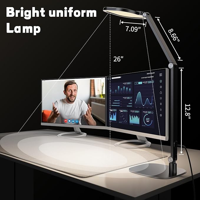 LED Desk Lamp for Home Office, Desk Light for Video Call, 3 Color Temperature 10 Brightness Computer Light, Dimmable Led Desk Light with Memory & Timer Func, Metal Swing Arm Table Lamp-DeskLoop Office