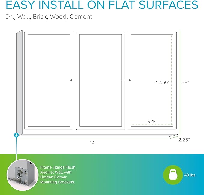 Ghent 48"x72" 3-Door indoor Enclosed Bulletin Board , Shatter Resistant, with Lock, Satin Aluminum Frame Natural Cork (PA34872K) Made in the USA-DeskLoop Office