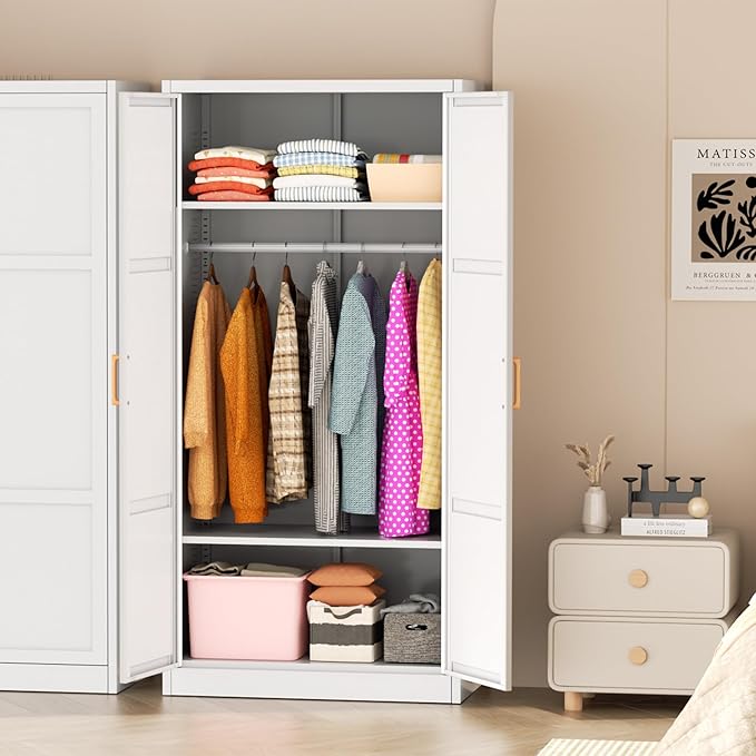 Greenvelly Metal Storage Wardrobe Cabinet, 72" White Metal Wardrobe Closet for Hanging Clothes with Doors and Shelves, Modern Steel Clothes Closet for Home, Office and Bedroom, School,Gym-DeskLoop Office