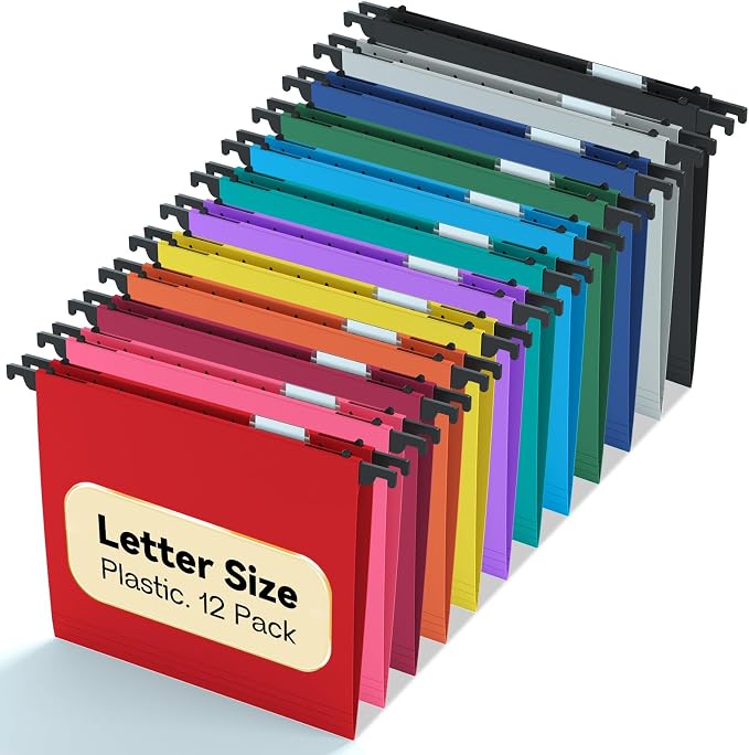 Plastic Heavy Duty Hanging File Folders, 12 Pack Reinforced Letter Size Hanging by NORDUN