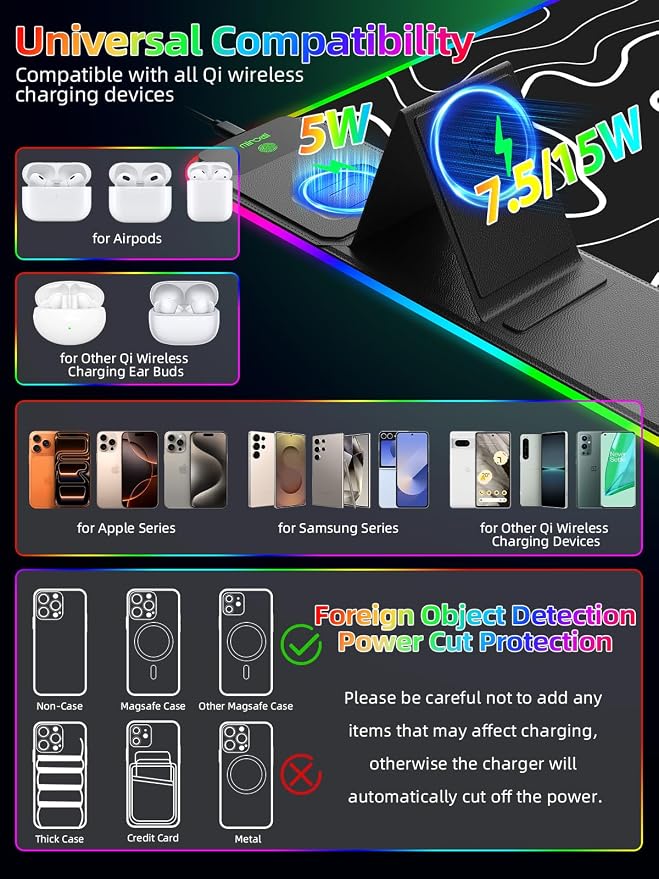 Mouse Pad with Foldable Phone Holder & Wireless Charger, XXL RGB Gaming - Image 3