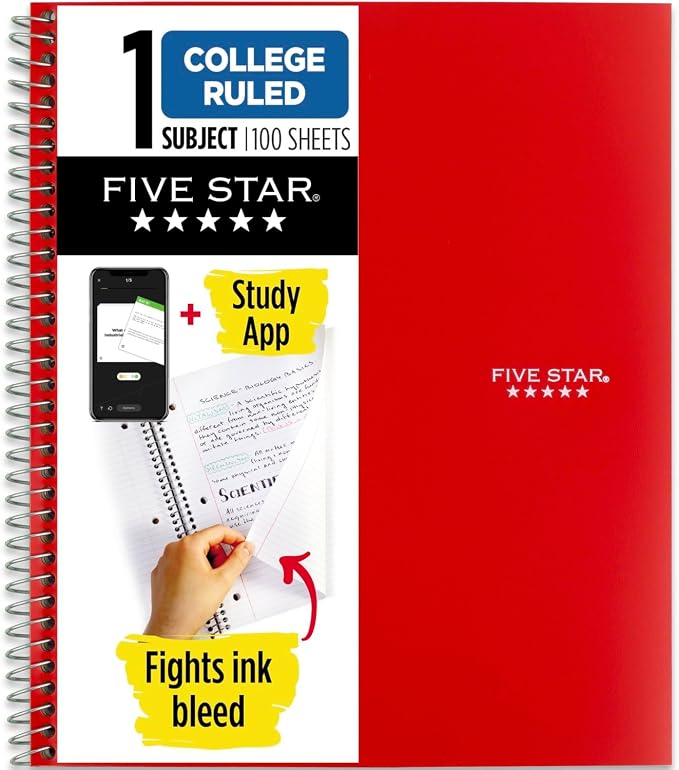 Five Star Spiral Notebook Plus Study App, 1 Subject, College Ruled Paper by FiveStar