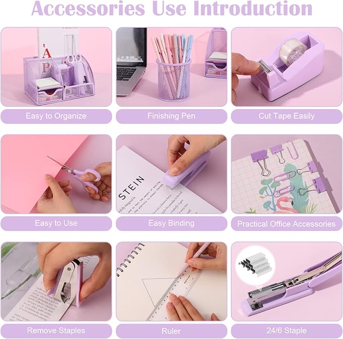 Purple Mesh Desk Organizer and Accessories, Tape Dispenser, 1000 Staples - Image 4