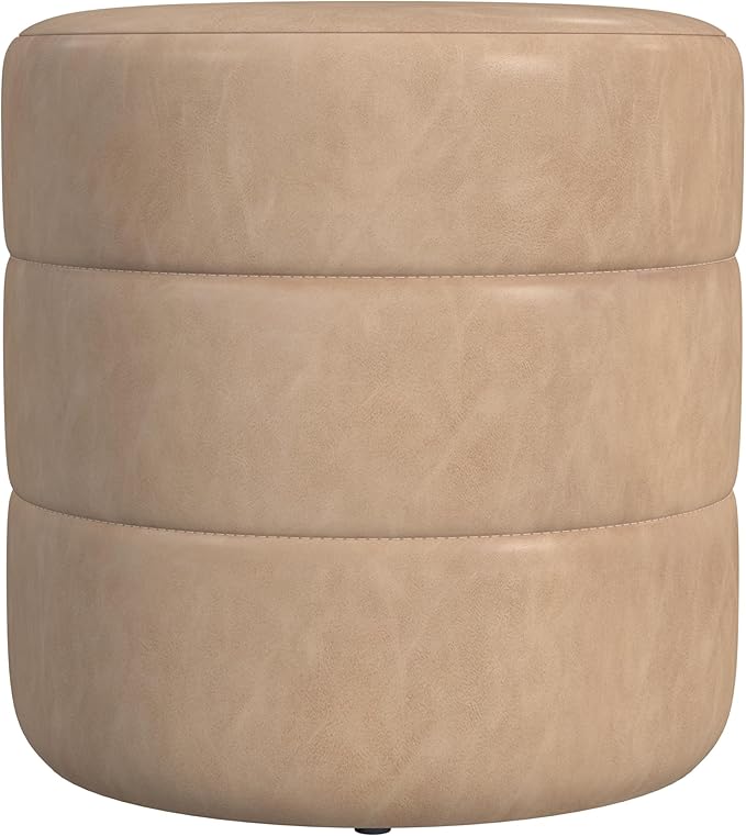 HomePop Upholstered Faux Leather Round Ottoman Home Décor|Foot Rest Ottoman- Sand Faux Leather-DeskLoop Office