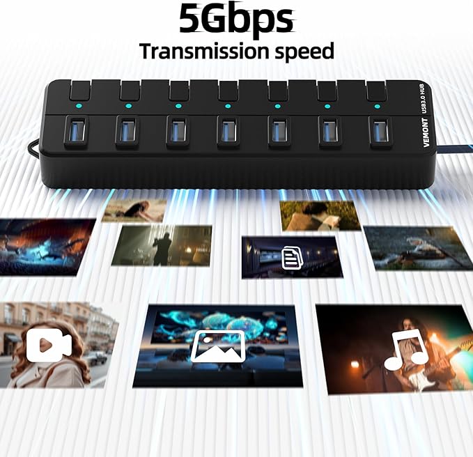 USB hub,7 Port USB 3.0 Hub,VEMONT USB Splitter with Individual On/Off Switches and Lights, 4ft/1.2m USB HUB Long Cable, USB Extension for Laptop and PC Computer-DeskLoop Office