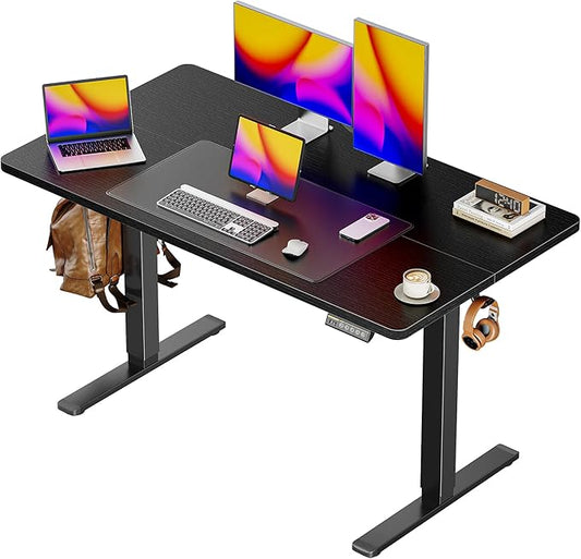 Huuger 48 x 28 Large Electric Standing Desk, Height Adjustable Desk, 27.6" Deep Desktop, Stand up Gaming, 2 Hooks, 3 Preset Heights, for Home Office, Black-DeskLoop Office
