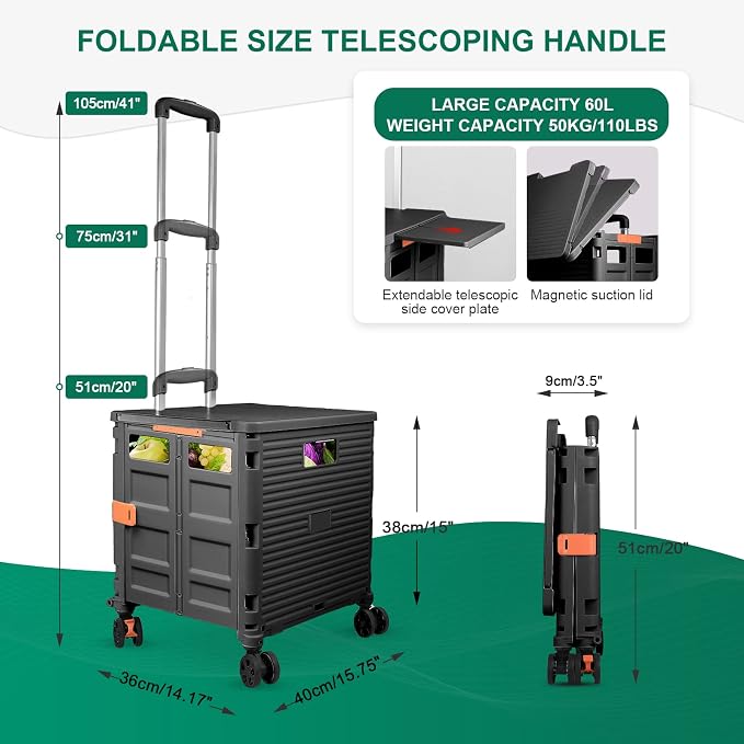 FELICON SELORSS Folding Utility Cart Portable Rolling Crate Handcart-Black | - Image 4