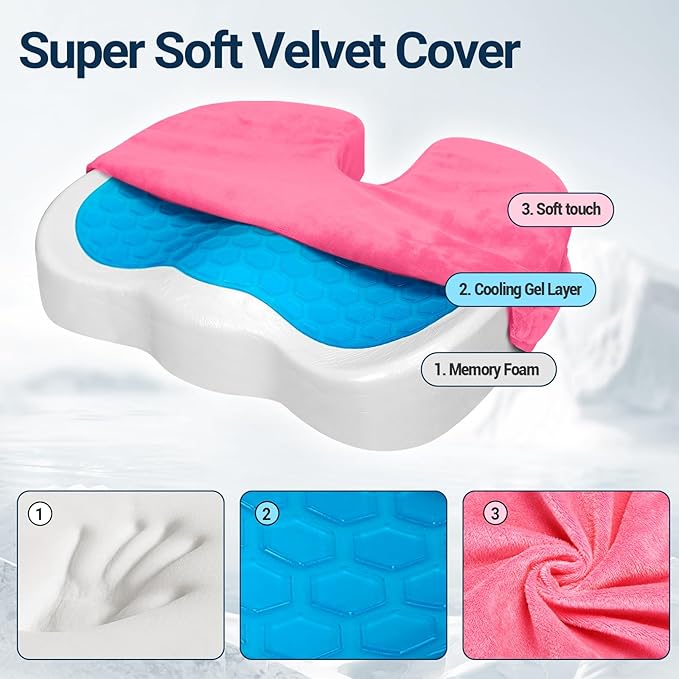 Gel Seat Cushion for Car Office - Memory Foam Pain Relief Chair Pillow Cushions - Tailbone Sciatica Coccyx Butt Lumbar Support Pad for Sitting Driving Traveling, Velvet, Pink-DeskLoop Office