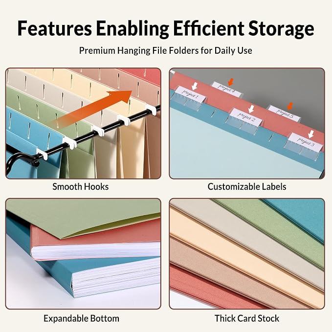 SUNEE Hanging File Folders Retro Colors, 6 Pack Letter Size File Folders - Image 3