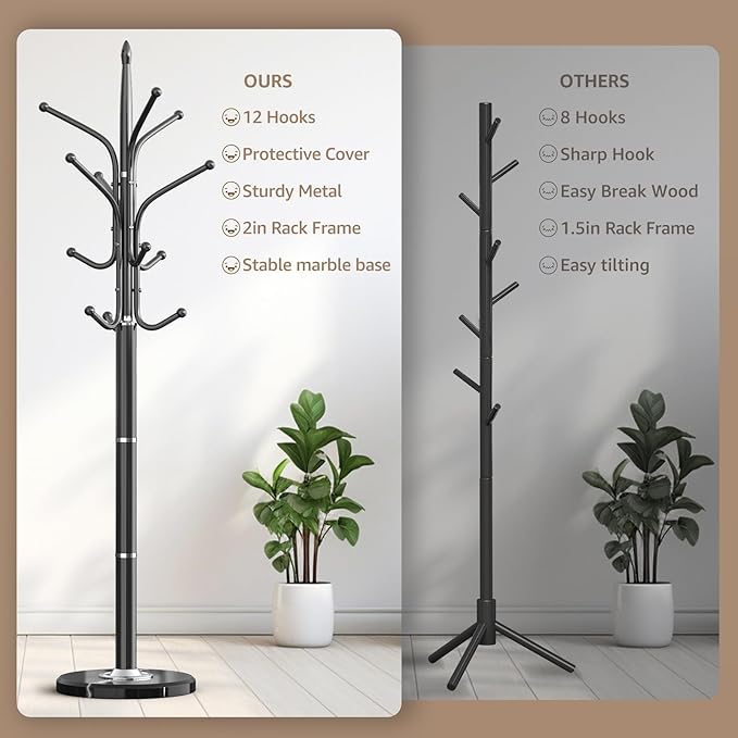 Heavy Duty Coat Rack with Marble Base, Freestanding Hall Coat Tree with 12 Hooks and 3 Adjustable Sizes, Metal Coat Rack Stand for Entryway, Bedroom, Office Hanging Purses, Coats, Scarves, Hats-DeskLoop Office