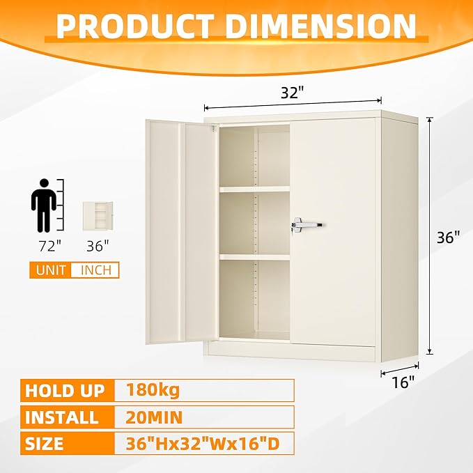 INTERGREAT Metal Cabinet with Lock, Lockable Metal Storage Cabinets with Doors and Shelves for Garage, Cream Grey Locking Garage Storage Cabinets 36"×32"×16"-DeskLoop Office