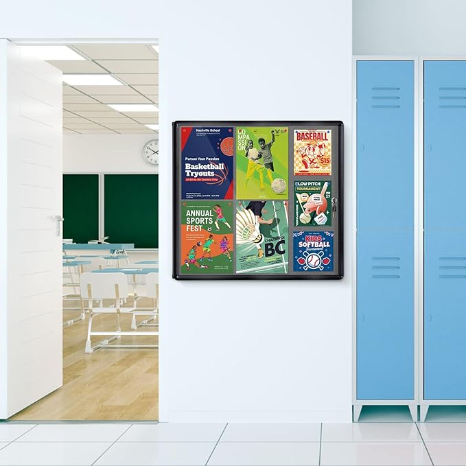 Enclosed Bulletin Board Lockable Display Case Message Board with Locking Door for Indoor, Grey Felt, Black Aluminum Frame, 28 X 26 in-DeskLoop Office