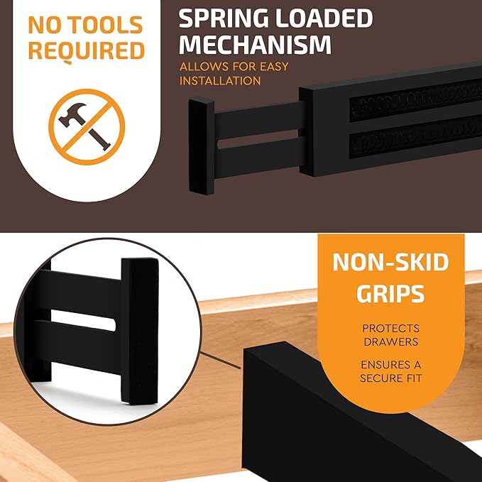 Large Kitchen Drawer Organizer - Expandable Bamboo Drawer Dividers (17" - 21.5") - Adjustable Separators for Kitchen, Clothes, Dresser, Bedroom, Bathroom, and Desk Drawers - 6-Pack (Black)-DeskLoop Office