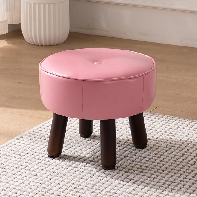 Small Foot Stool Round Pouf Ottoman, 13'' Leather Foot Rest with Non-Skid Rubber Legs, Foolstool Ottomans for Couch, Sofa Footrest Step Stool for Living Room Bedroom Entryway Office, Pink-DeskLoop Office
