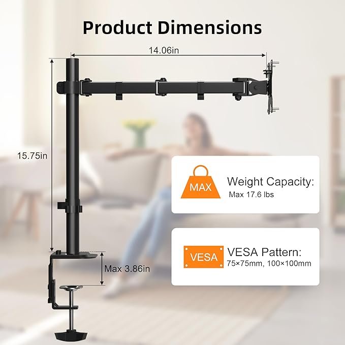 Pholiten Single Monitor Stand, Heavy Duty Adjustable Monitor Arm Desk Mount for 13-27Inch, Tilt, Swivel, Rotate, Support 22 lbs,Black-DeskLoop Office
