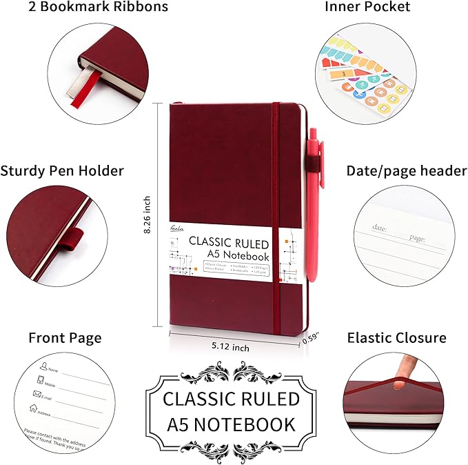 feela 5 Pack Journal Notebook Bulk for School, Hardcover Business Notebooks Classic Ruled Lined Journals with Pen Holder for Work Note Taking, with 5 Black Pens, 120 GSM, 5.1”x8.3”, A5, Wine-DeskLoop Office