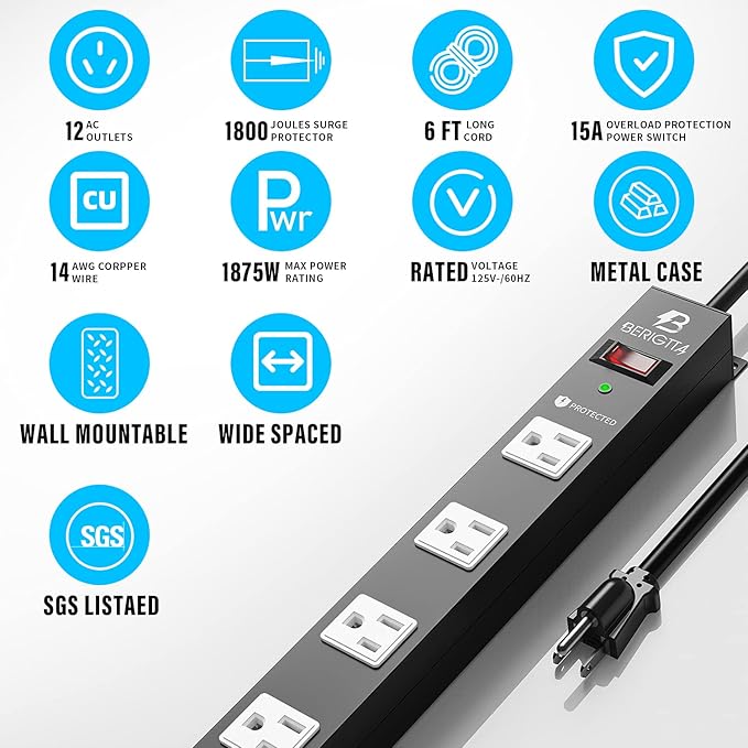 12 Outlet Surge Protector Metal Power Strip, 1800J Mountable Power Outlet, Heavy Duty Workshop Metal Power Strip for Commercial, Industrial, School and Home,15A 125V 1875W (6FT)-DeskLoop Office