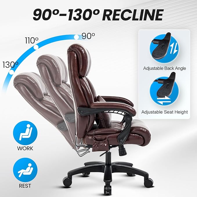 Lumbar Massage Office Chair, 500LBS Big and Tall Office Chair, Heavy Duty Ergonomic Executive Reclining Chair with High Back and Lumbar Support, Brown-DeskLoop Office
