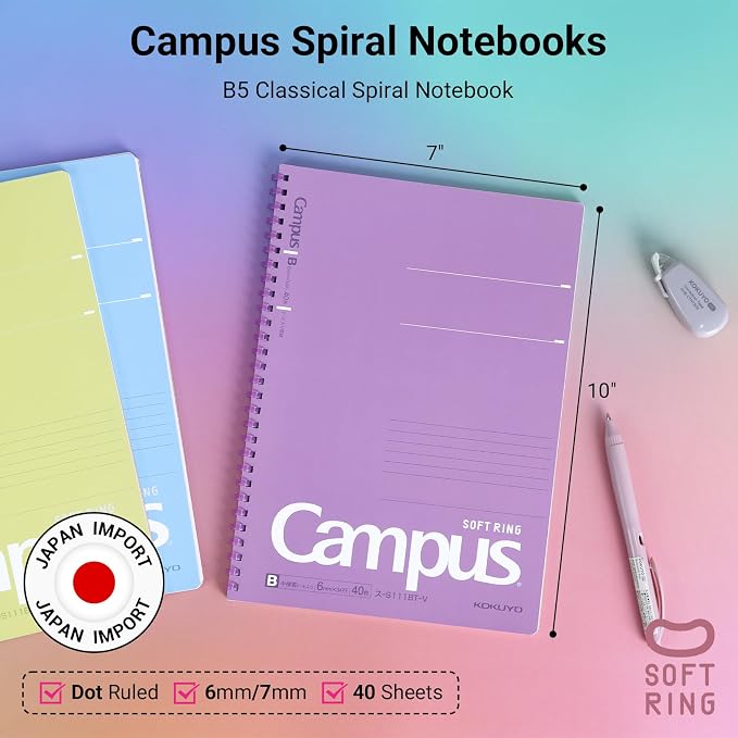 KOKUYO Spiral Lined Notebook, 5 Pack 10'' x 7'' Pastel Journal B5 Campus Soft - Image 2