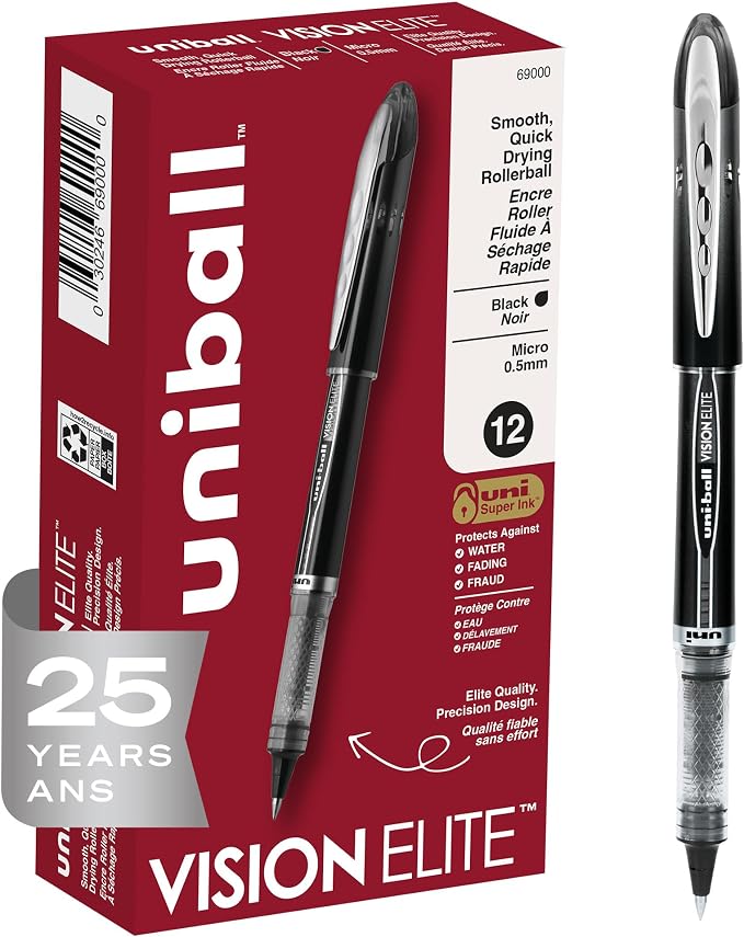 uni-ball Vision Elite Rollerball Pens Fine Point Micro Tip, 12 Pack by uni-ball