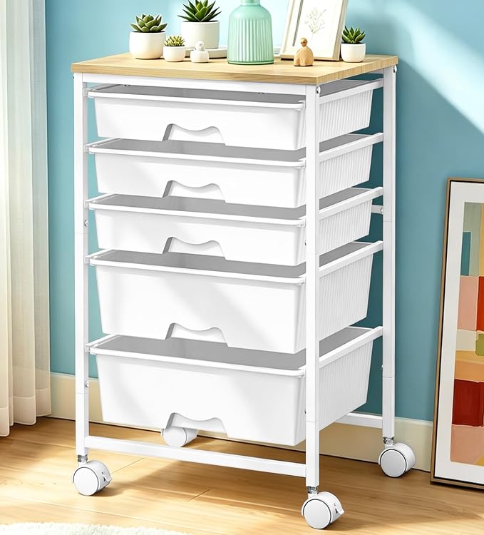 SUNALLY Rolling Carts With 5 Drawers, Storage Drawer Carts with Wooden Tabletop by SUNALLY