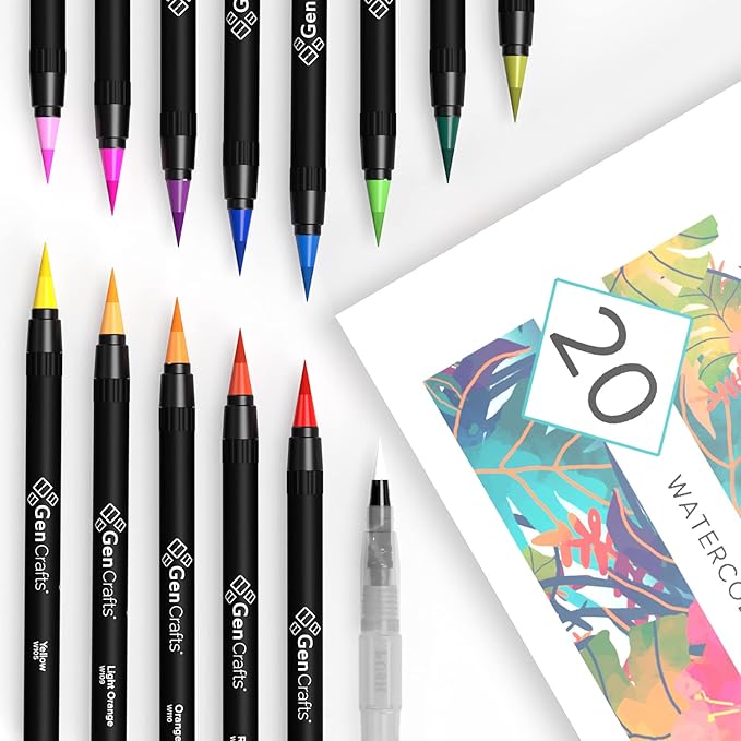 GenCrafts Watercolor Brush Pens Set of 20 Premium Colors - Real Brush Tips - No Mess Storage Case - Washable Nontoxic Markers - Portable Painting-DeskLoop Office