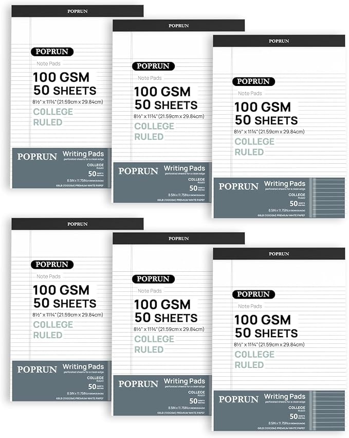 POPRUN White Legal Pads 8.5 x 11.75 College Ruled, 100GSM Writing Paper Pad by POPRUN