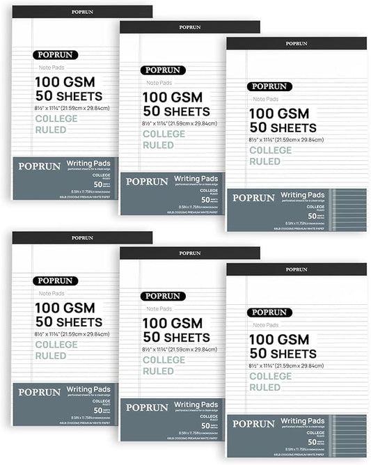 POPRUN White Legal Pads 8.5 x 11.75 College Ruled, 100GSM Writing Paper Pad by POPRUN