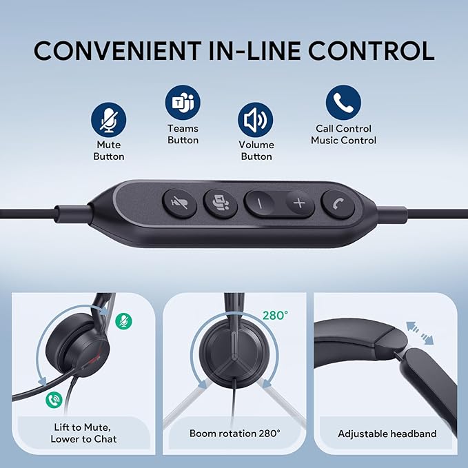 Yealink UH44 Teams Certified USB Wired Headset with 2 Noise Cancelling Mics,Stereo Sound for PC,Laptop,Teams,Zoom,Call Center,Home Office,Inline Controls,Comfort Ear Cushions,USB-C/A,Busylight-Black-DeskLoop Office