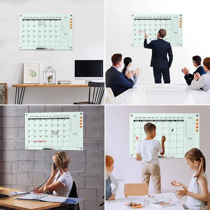 TSJ OFFICE Glass Calendar Whiteboard - 36 x 24 Inches Wall Mounted Monthly Dry Erase Calendar for Wall, Large Magnetic Glass White Board for Office, Home & School-DeskLoop Office