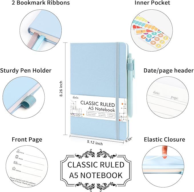 feela 12 Pack Notebooks Journals Bulk, Hardcover Notebook Classic Ruled Lined Journals with Pen Holder for Women Girls School Business Supplies, with 12 Black Pens, 120 GSM, 5.1”x8.3”, A5, Light Blue-DeskLoop Office