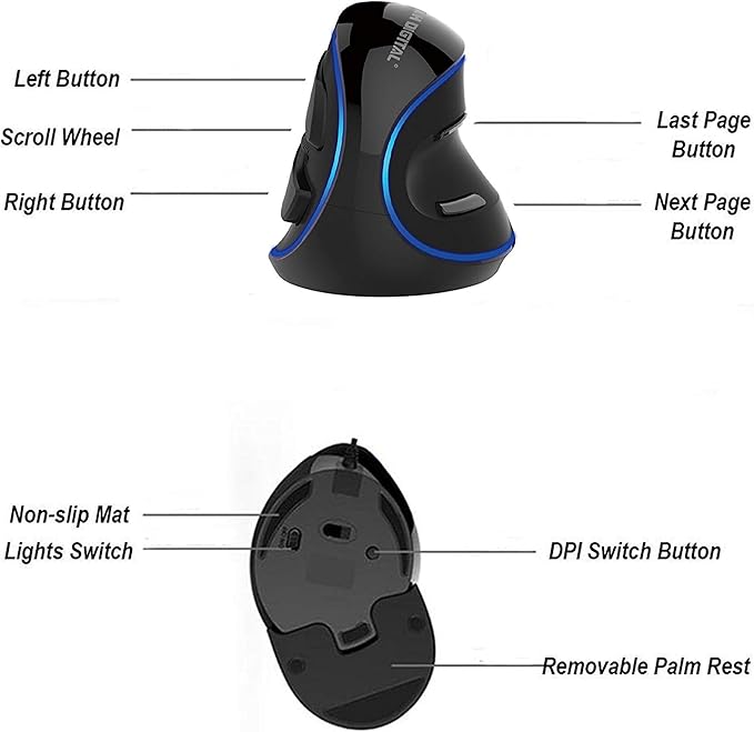 J-Tech Digital Wired Ergonomic Vertical USB Mouse with Adjustable Sensitivity (600/1000/1600 DPI), Scroll Endurance, Removable Palm Rest & Thumb Buttons [V628]-DeskLoop Office