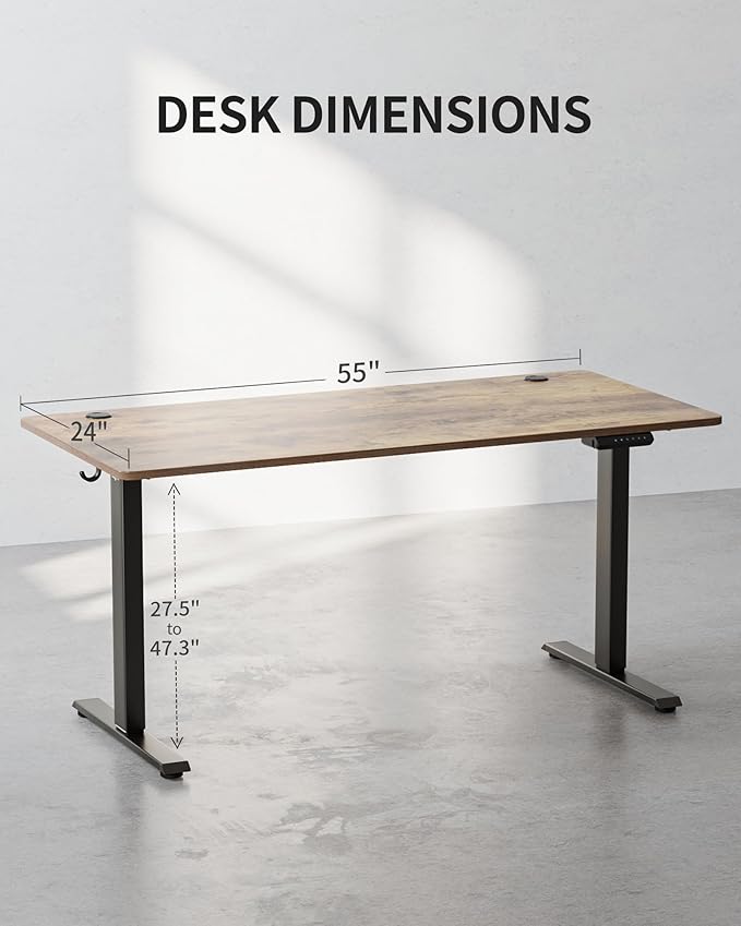 FEZIBO One-Piece Standing Desk Adjustable Height Stand up Home Office Desk, 55x24 Inch Electric Standing Computer Desk, with 4 Memory Presets, Fixable casters, Rustic Brown-DeskLoop Office