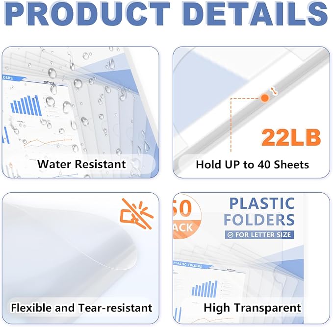TOTiyea Clear Document Folders 50 Pack, 7 Mil Thick Plastic, Letter Size | - Image 5